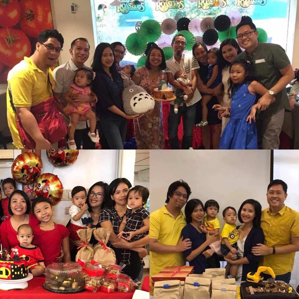 group photo with godparents in a kid's party.