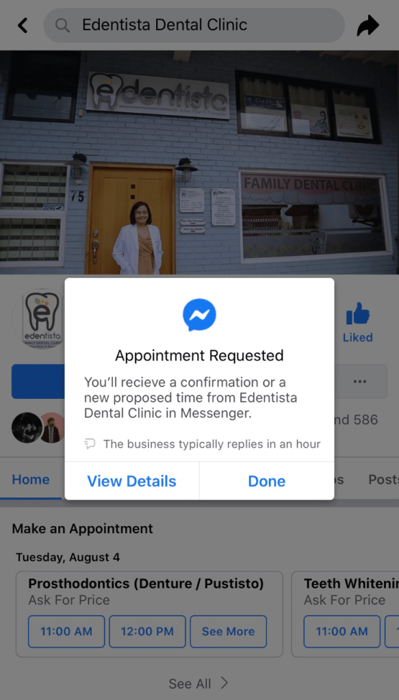 Facebook appointment confirmation screenshot