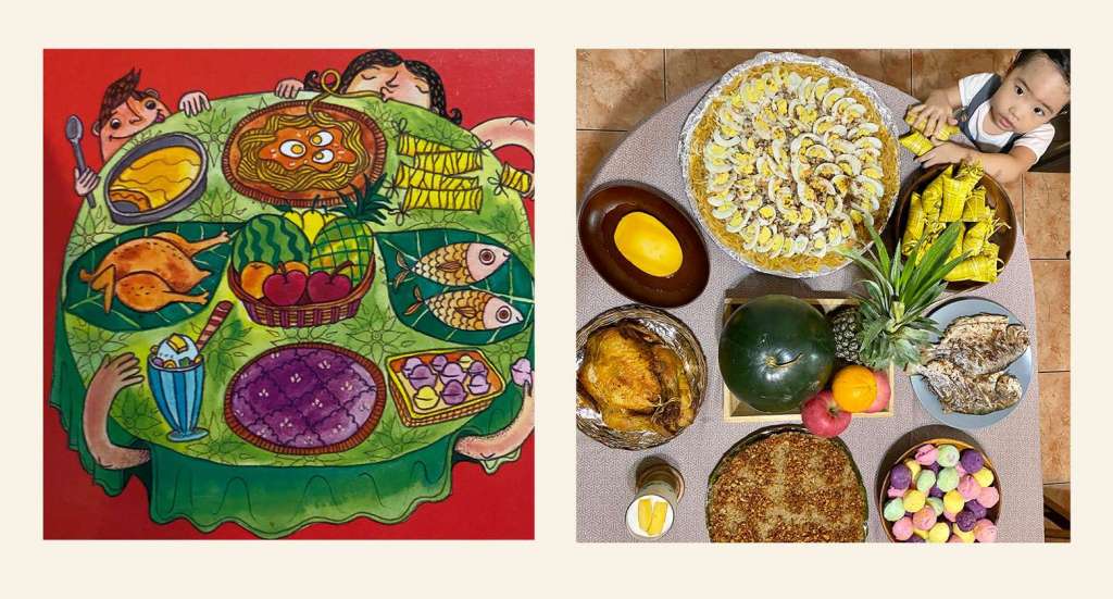 Side by side comparison of the Filipino fiesta food spread from Pista Na! by Adarna House and actual handa