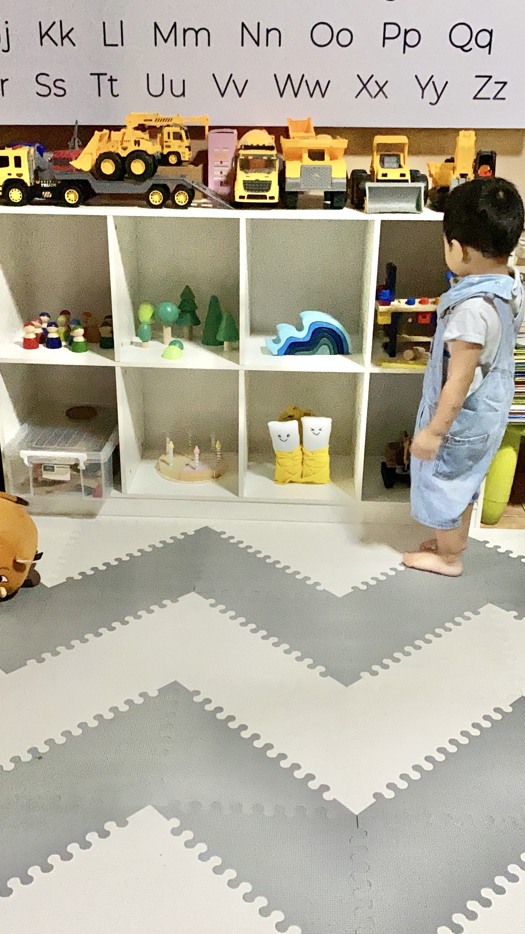 Minimalist gray and white play area