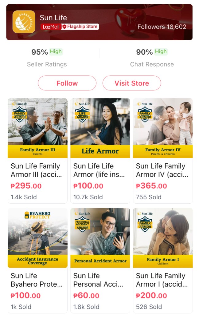 A menu of Sunlife Digital Insurance policies