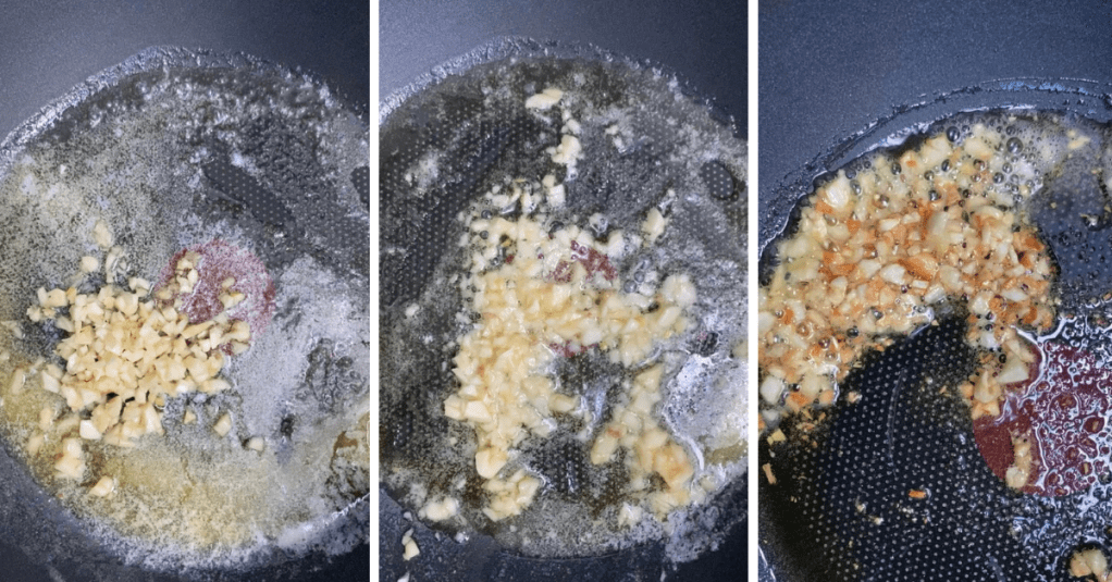 Side by side pictures of sauteeing garlic