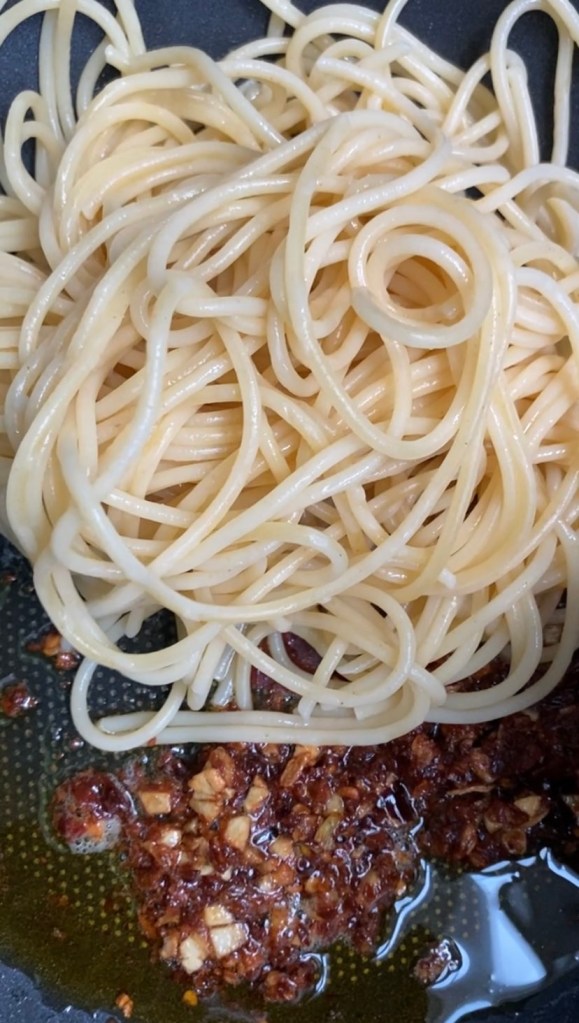 Spaghetti noodles in a pan