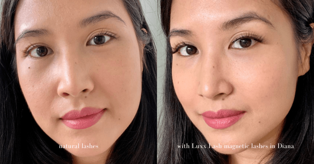 Before and after picture of using Luxx Lash magnetic lashes in Diana