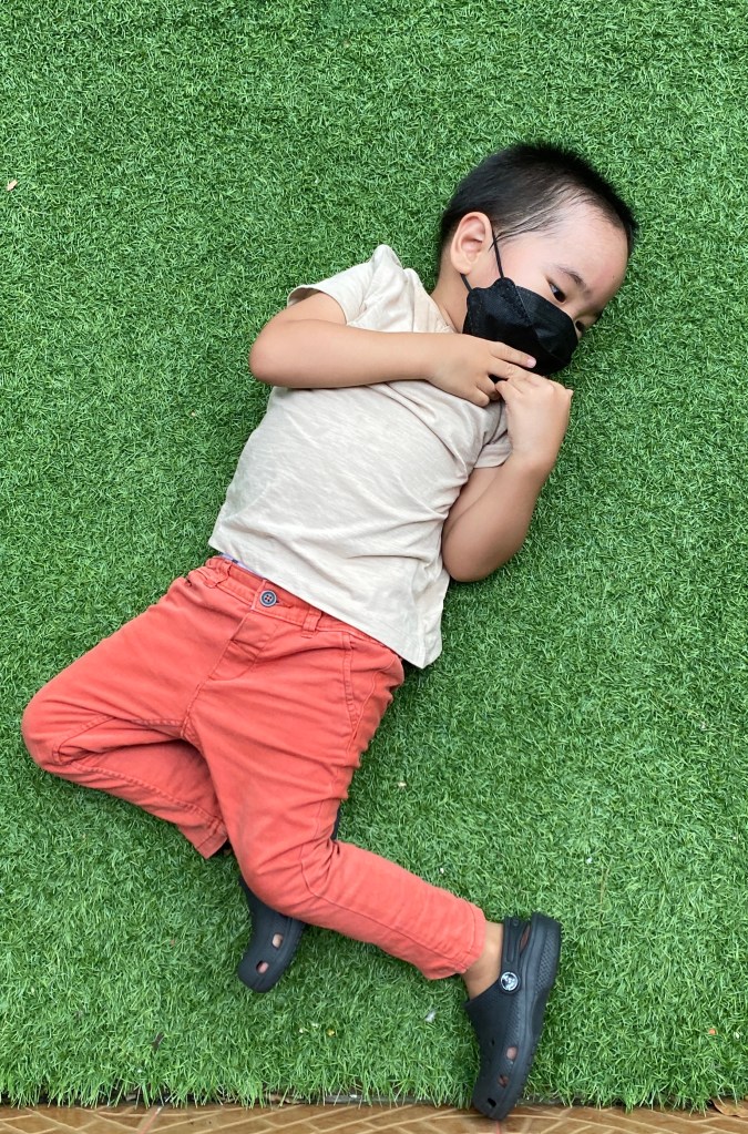 Little boy lying on the grass