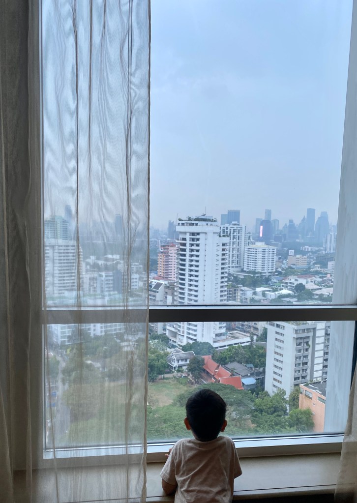 Little boy looking out the window