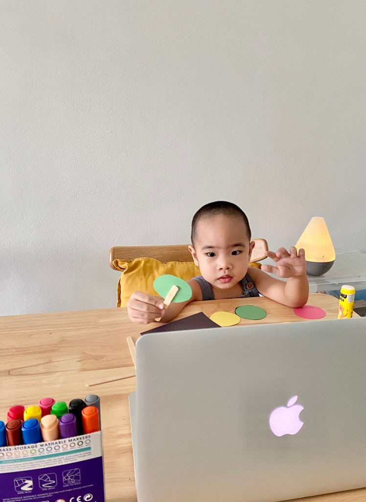Little boy participating in his online school