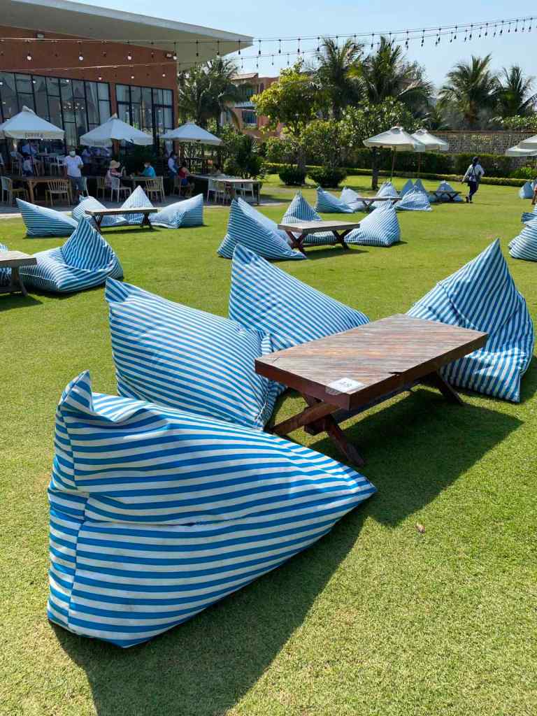 Stripe bean bags at eureka beach cafe