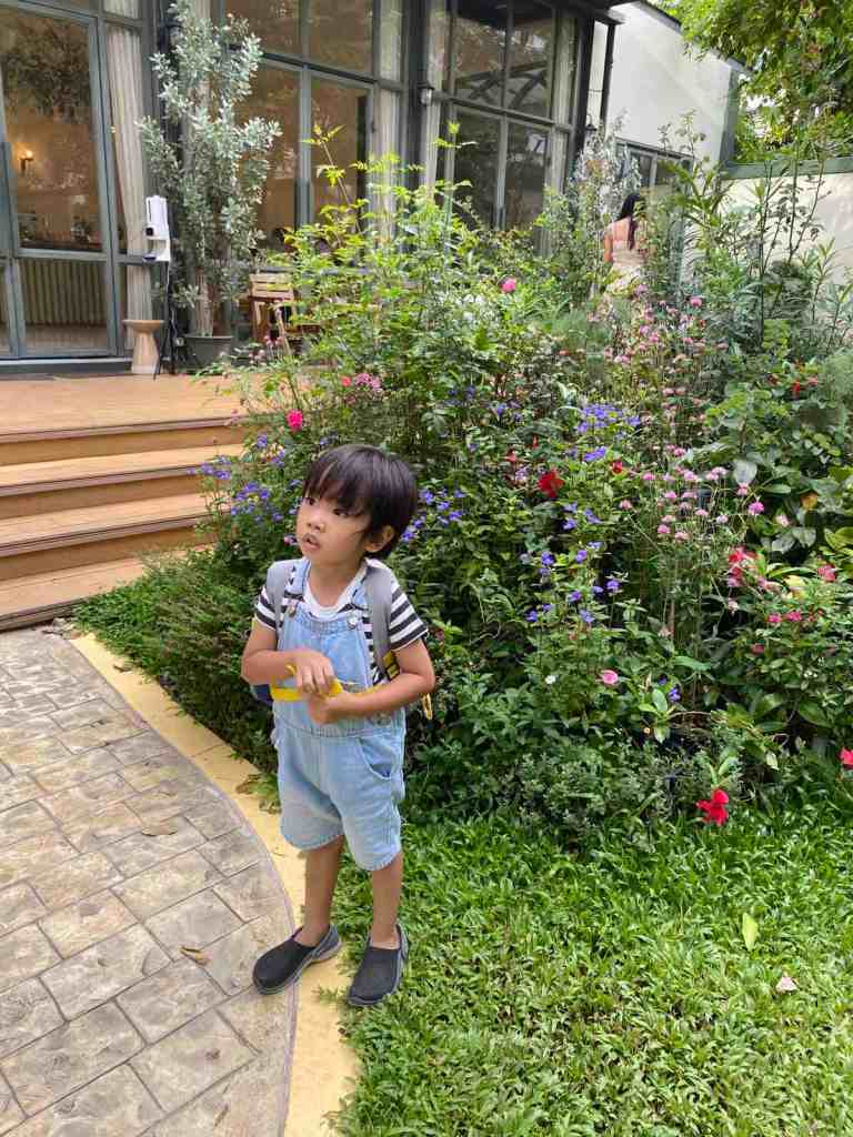 LIttle boy in a garden cafe