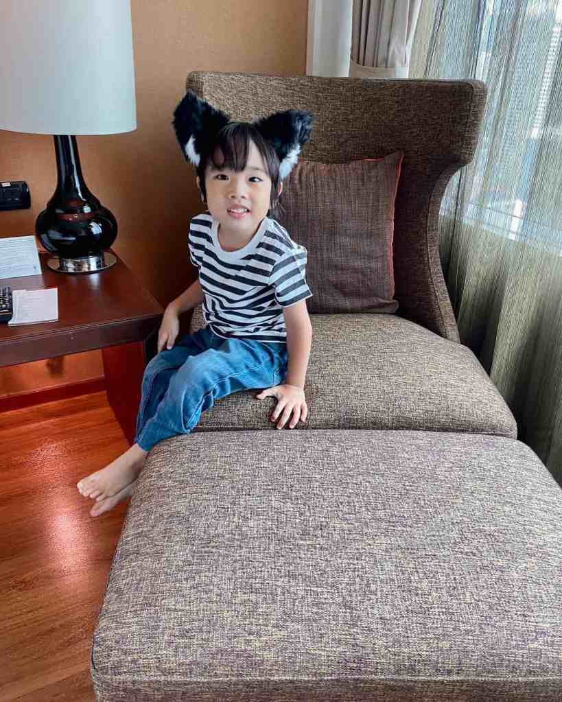 Little boy wearing cat ears