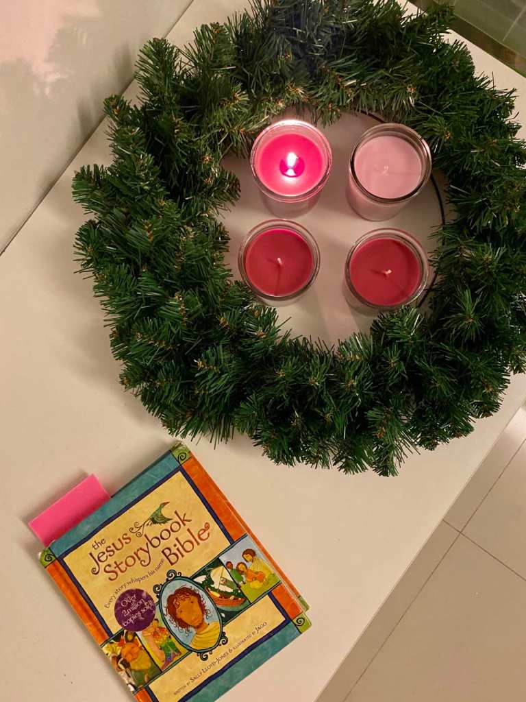 Our simple advent wreath, candles and Jesus Story Book Bible
