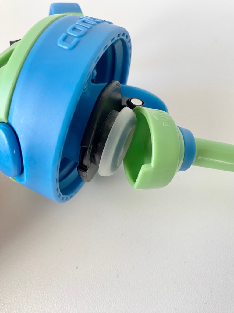 Green and blue kids water bottle with collapsible straw