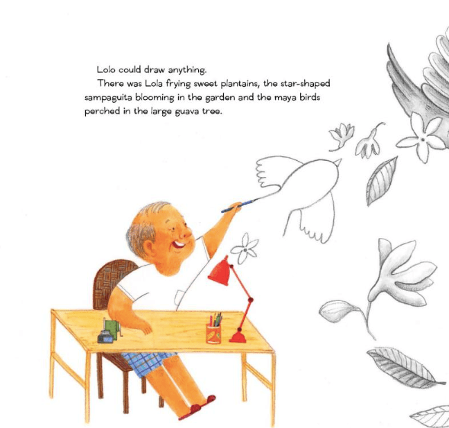An imaginative drawing of a grandfather drawing birds and flowers in the air